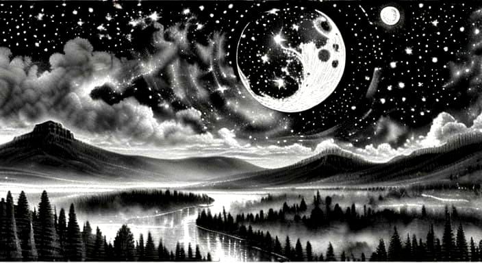 Majestic Black and White Country Landscape Under Starry Nigh...