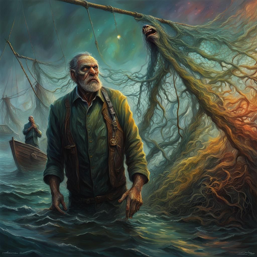 Hyperrealistic Innsmouth Character Amid Oily Fishing Nets