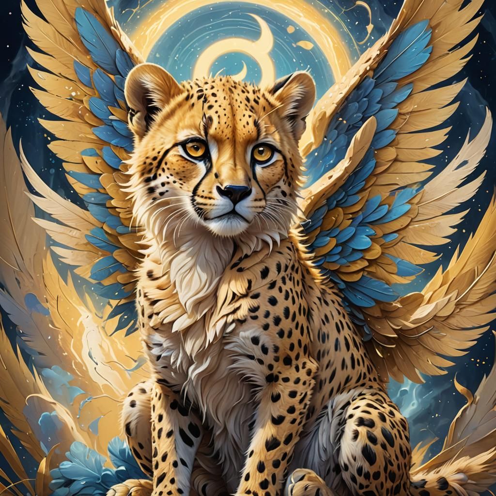 Fluffy Cheetah with Angel Wings: Fantasy Illustration