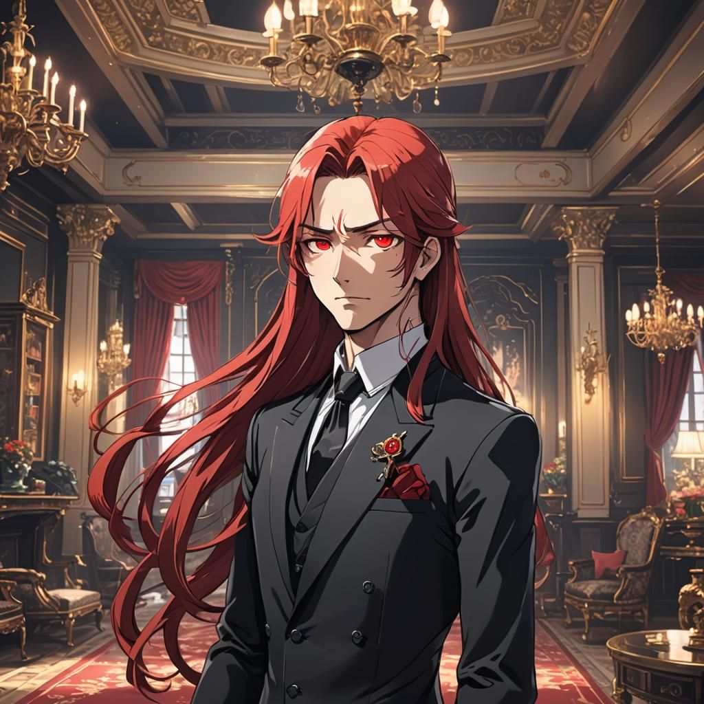 Anime Nobleman with Red Hair in Fancy Home