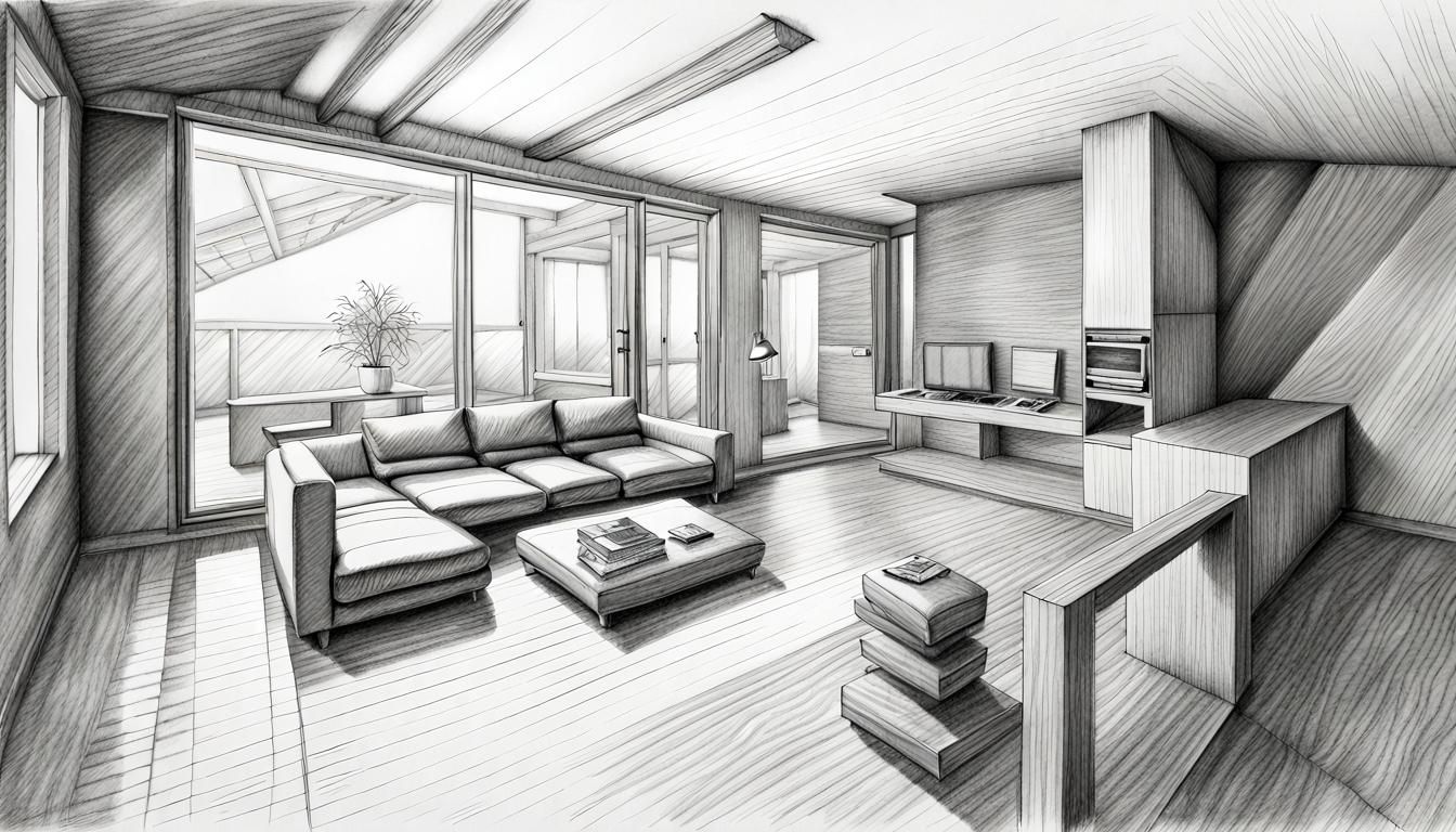 Detailed Mechanical Pencil Drawing of Modern House Interior