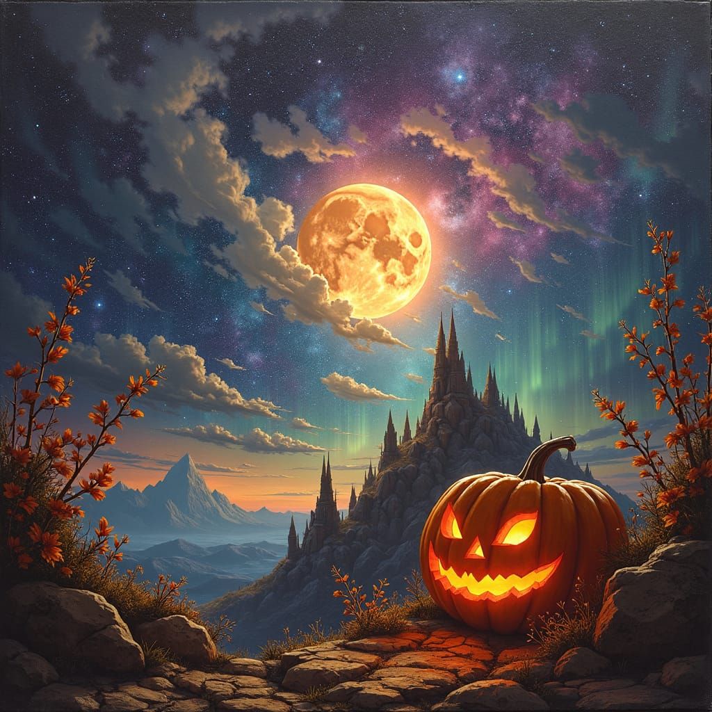 Ethereal Halloween Jack-O-Lantern Under Aurora Borealis