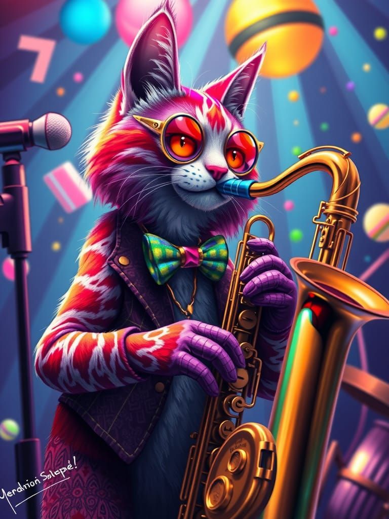 Psychedelic Cat Saxophonist in Candy Art Style