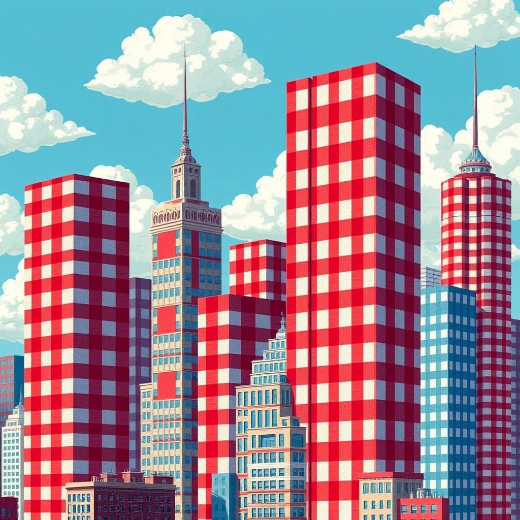 Gingham Skyscrapers in a Whimsical Cityscape