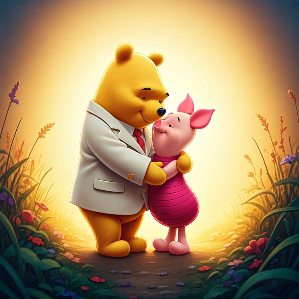 Pooh and Piglet's Whimsical Wedding in Golden Light