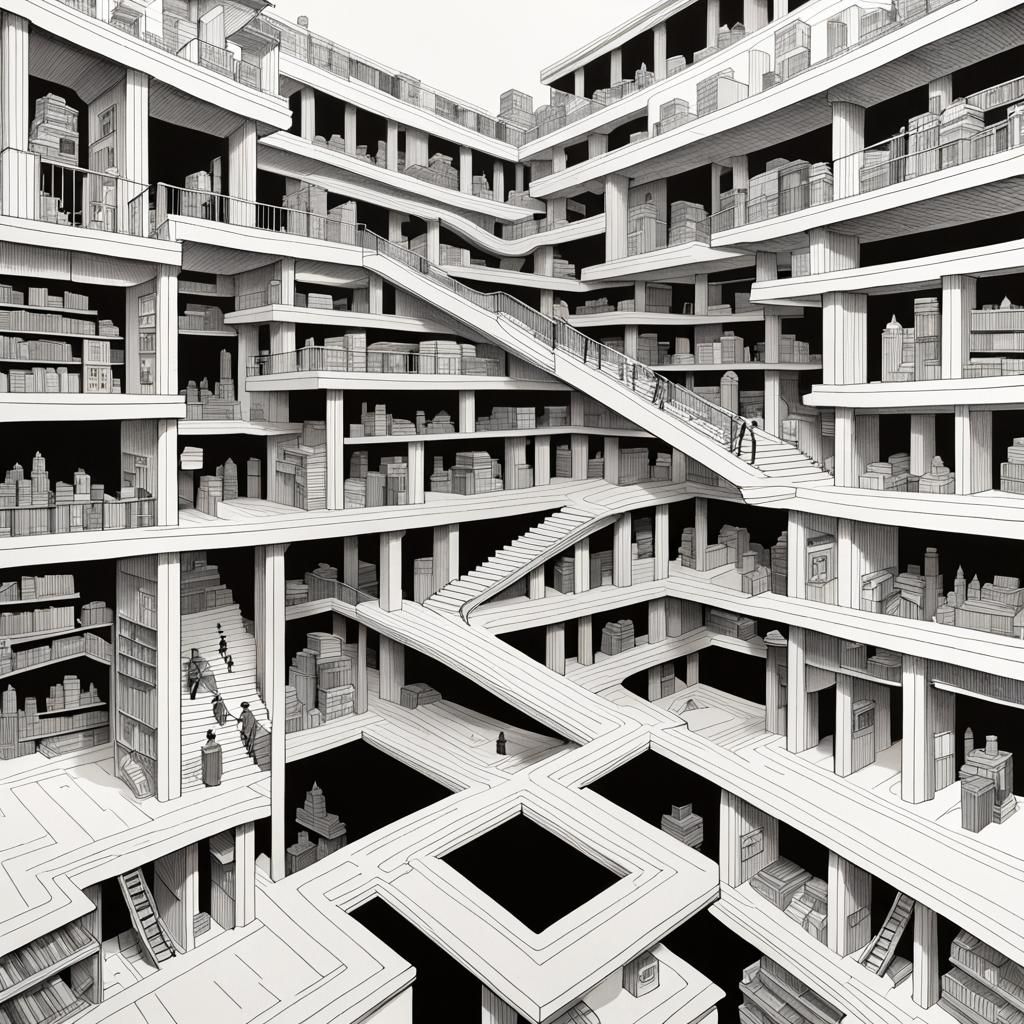 Surreal Bookstore Maze with Impossible Architecture