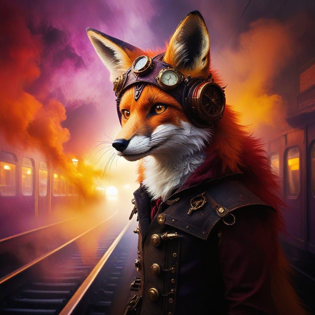 Vibrant Steampunk Fox at Train Station in Whimsical Colors