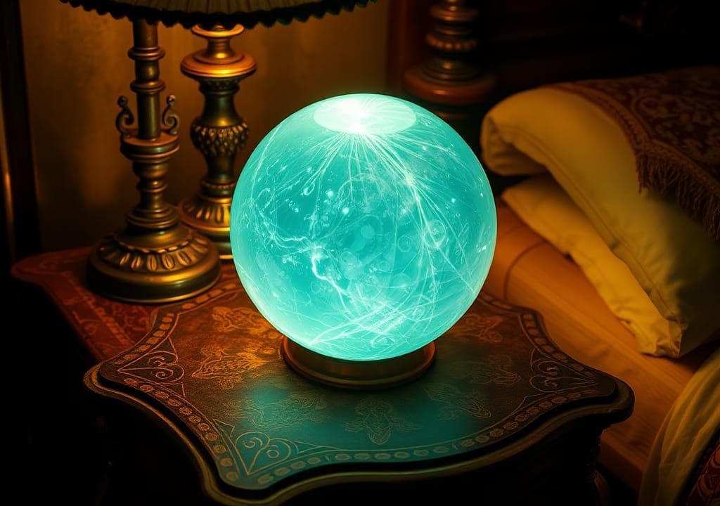 Luminescent Orb on Antique Table, Hyperrealistic