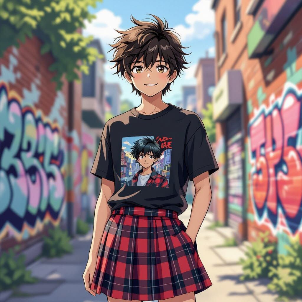Teen Boy in Plaid Skirt on Graffiti Street