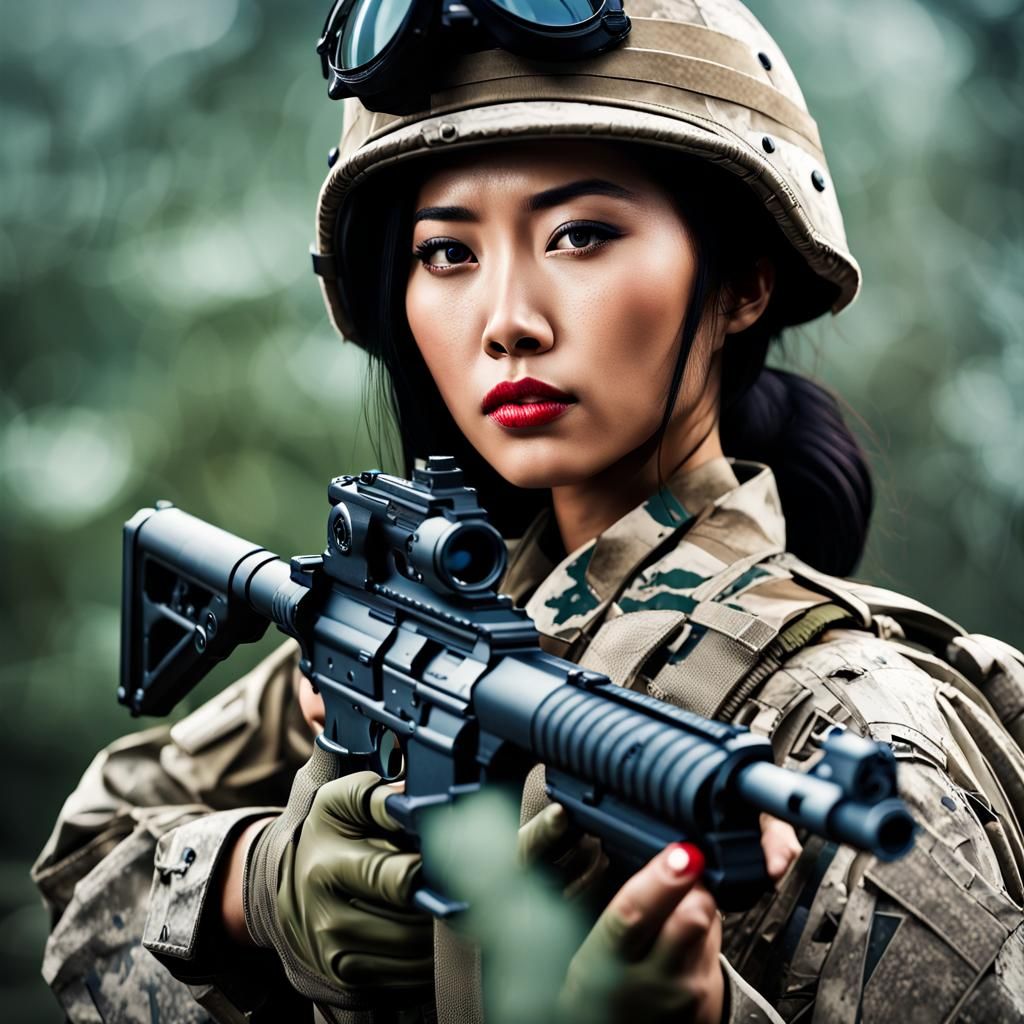 colonial marine, attractive asian female, army soldier, holding gun , uniform military camouflage, black hair with red h...