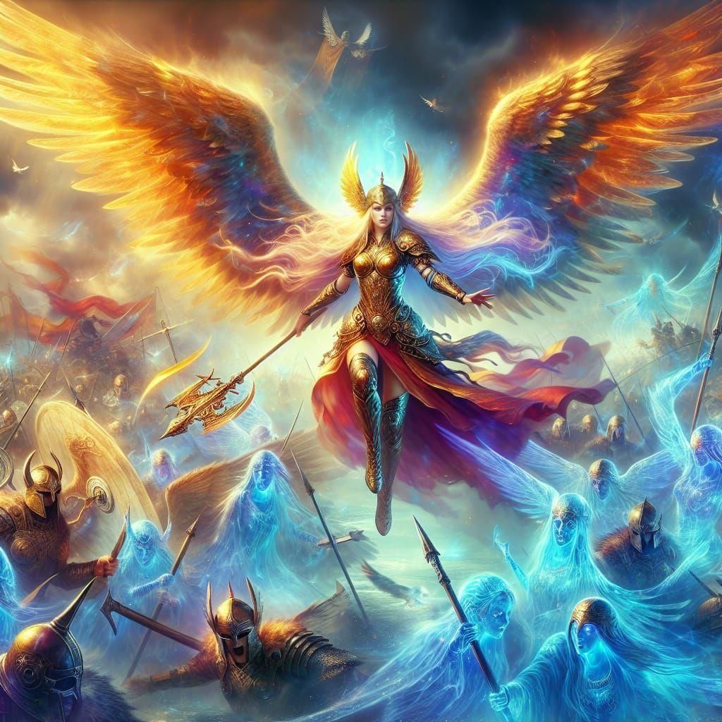 Valkyrie Leading Einherjar Spirits in Digital Painting