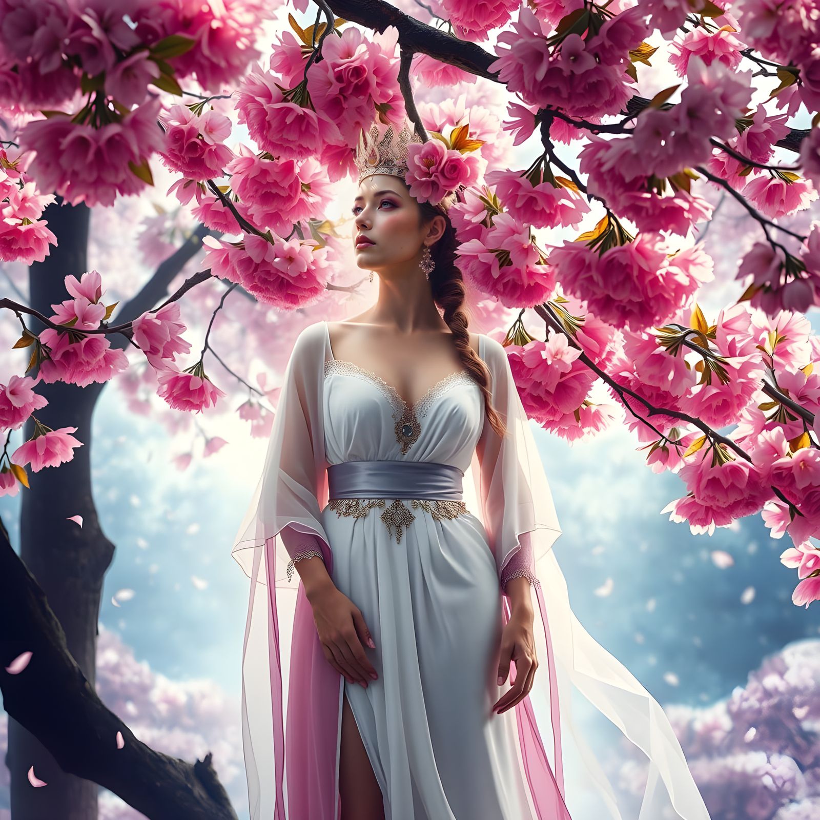 Cherry Blossom Queen Double Exposure in Fantasy Landscape