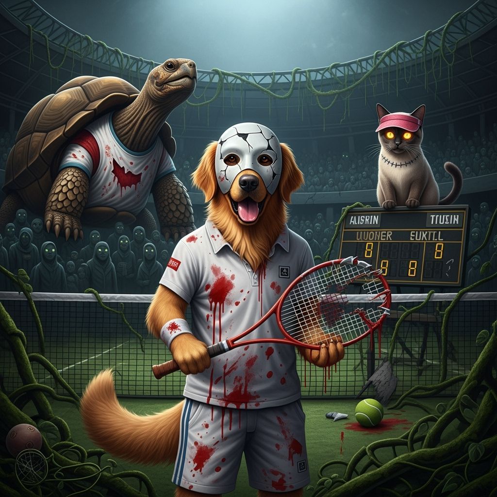 Surreal Horror: Retriever in Decaying Tennis Stadium