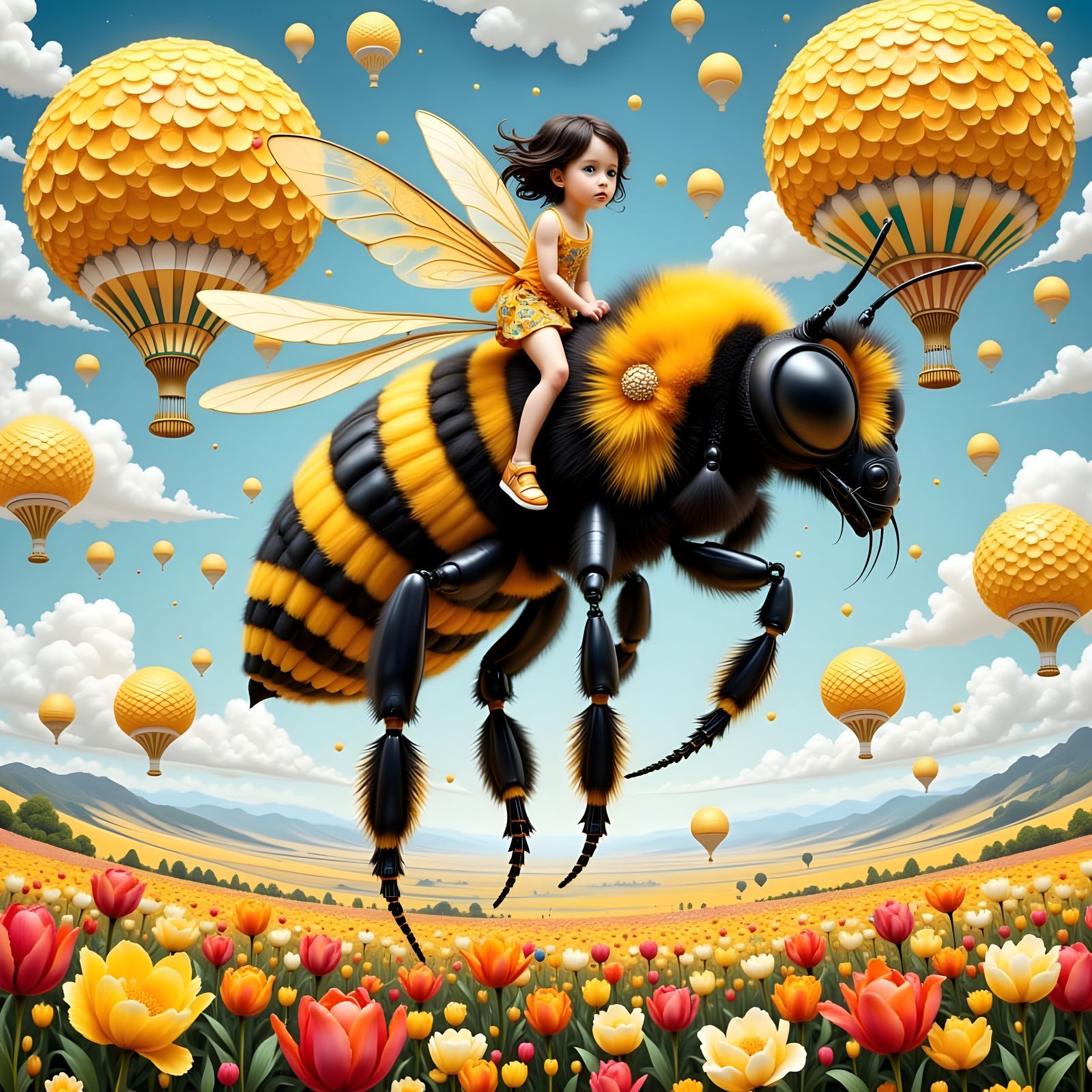 Girl Rides Giant Bumblebee Over Honeycomb Islands