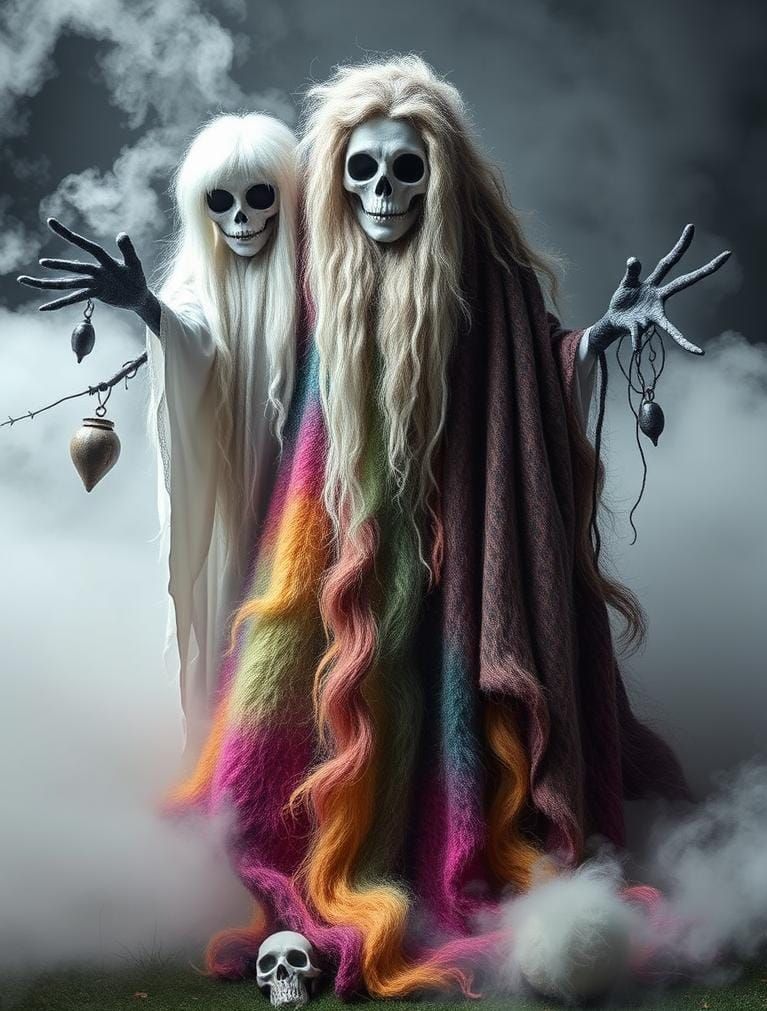 Rainbow Faux Fur Ghosts Haunt Mansion in Textile Art