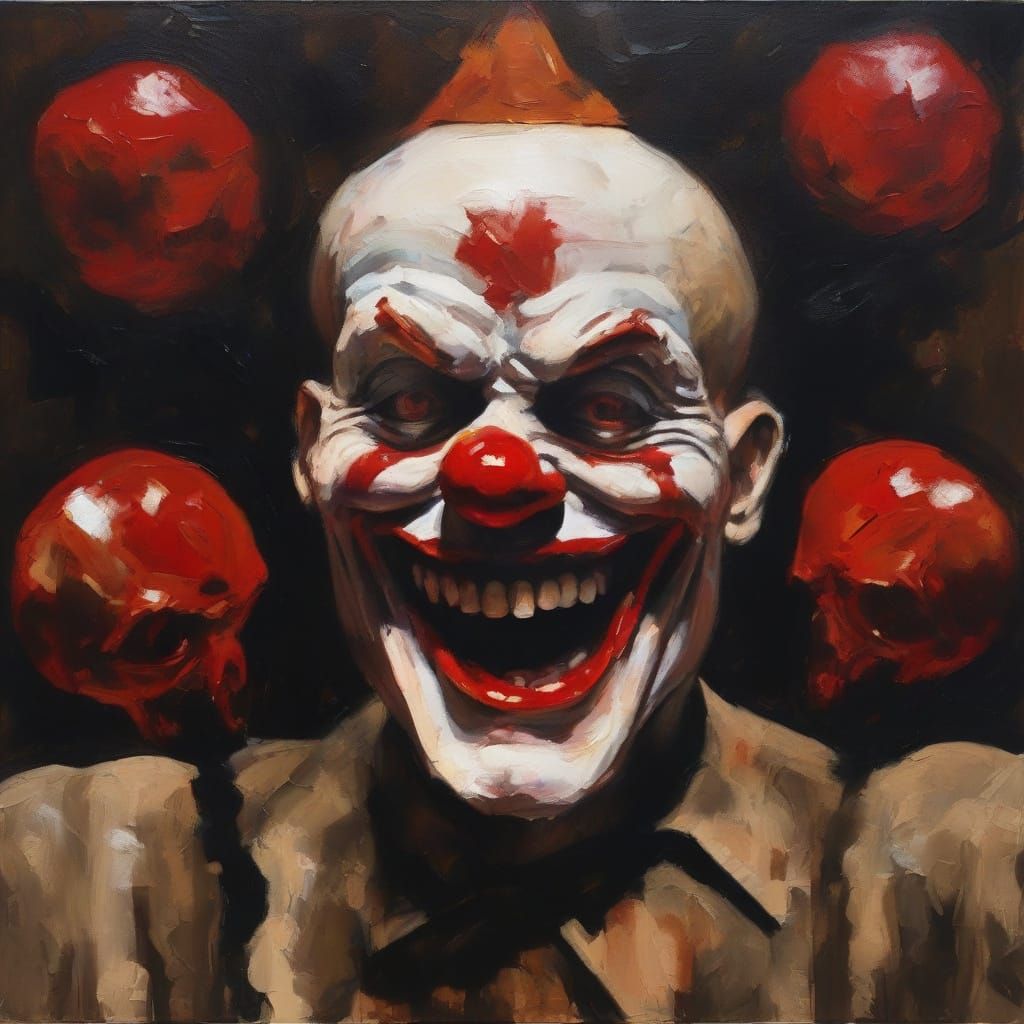 Nightmarish Clown Juggling Skulls as Gouache Painting