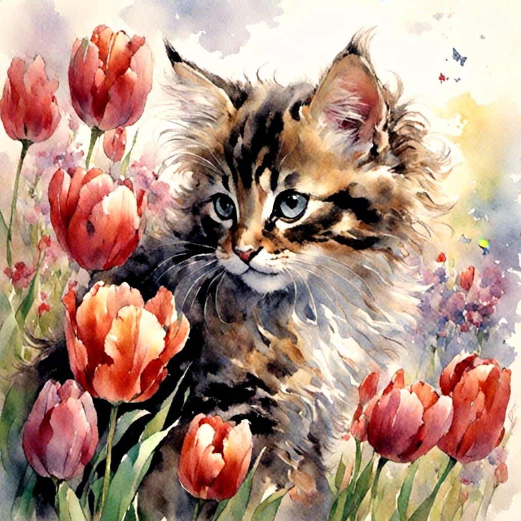 Long Haired Tabby Kitten Smelling Tulips