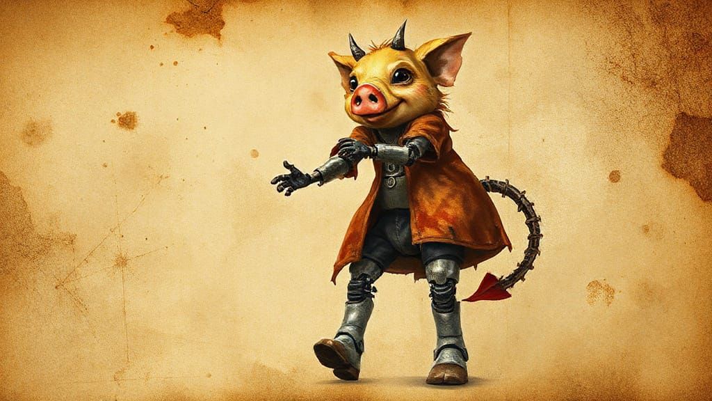 Whimsical concept art. Medium shot. A fantasy Robot piggy
 c...