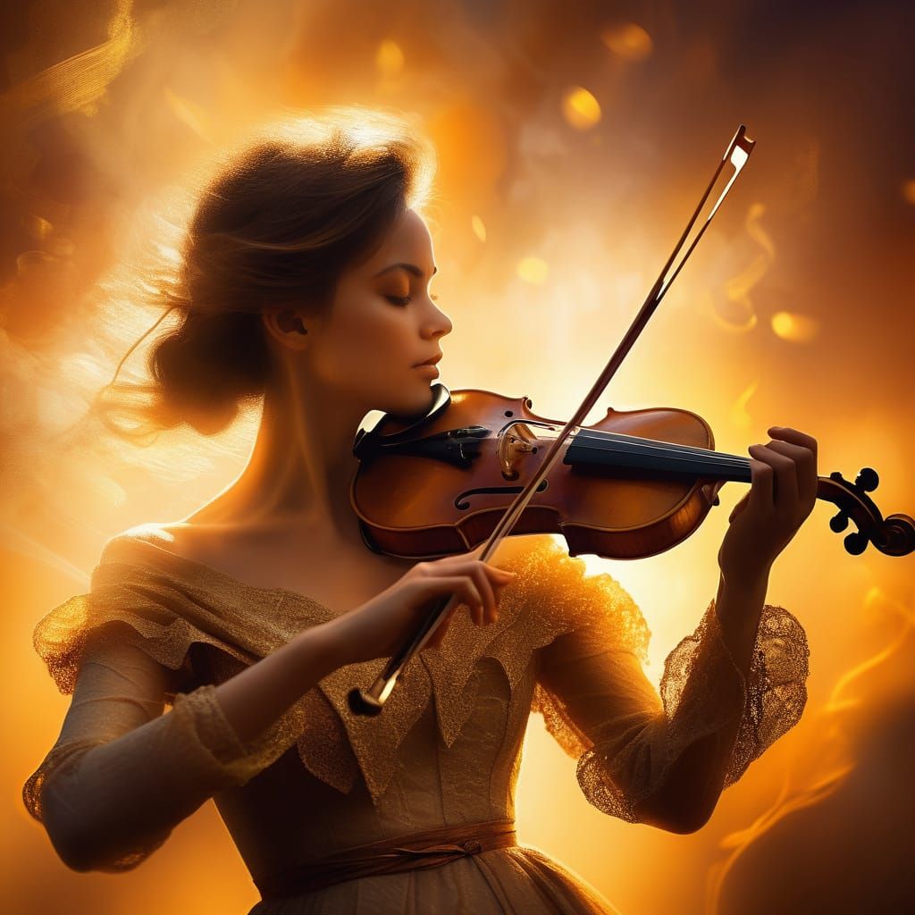 Ethereal Violinist in Golden Light, Romanticism Style Master...