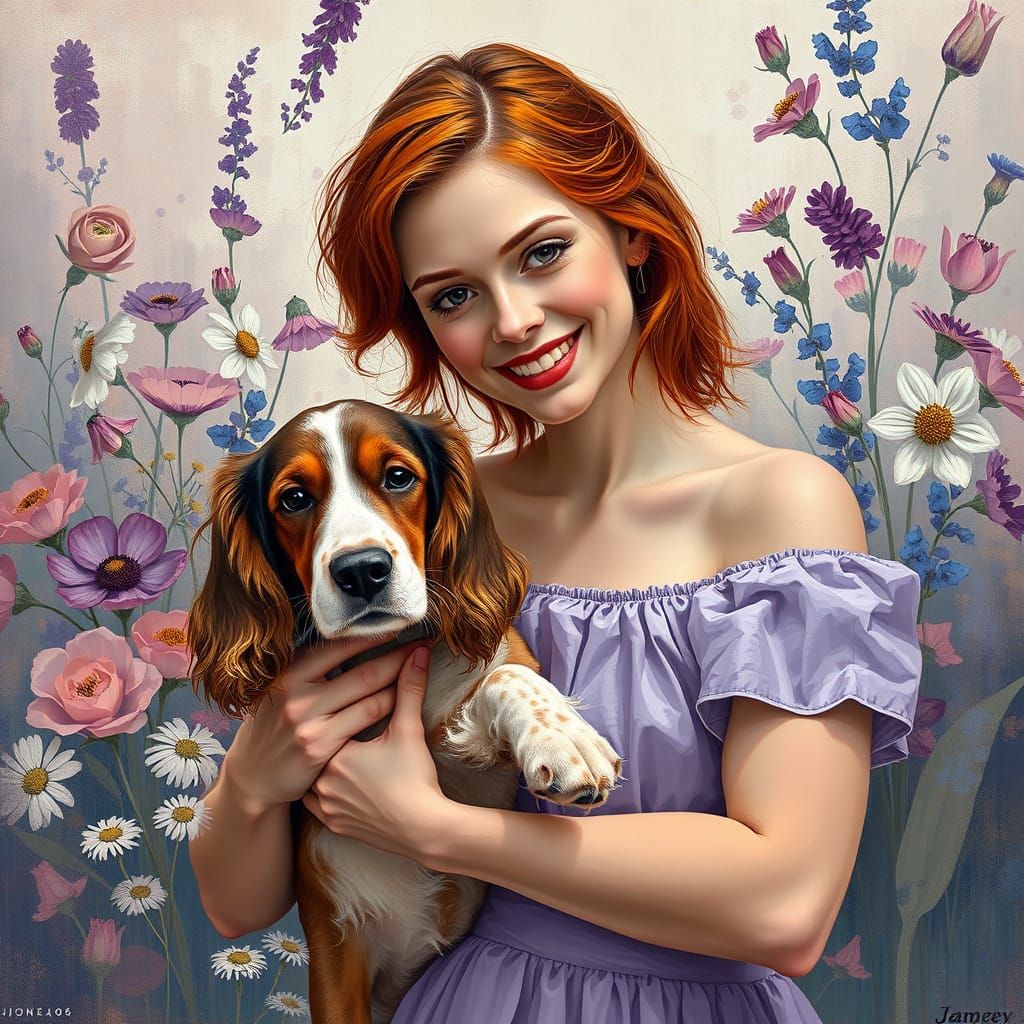 Elegant Woman with Gentle Spaniel in Whimsical Floral Landsc...