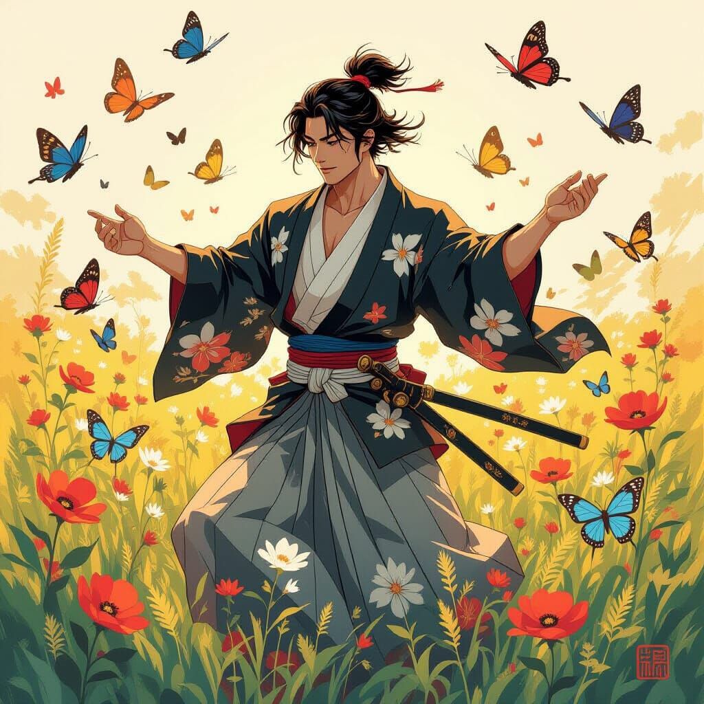 Muscled Man Dancing with Butterflies in Ukiyo-e Style