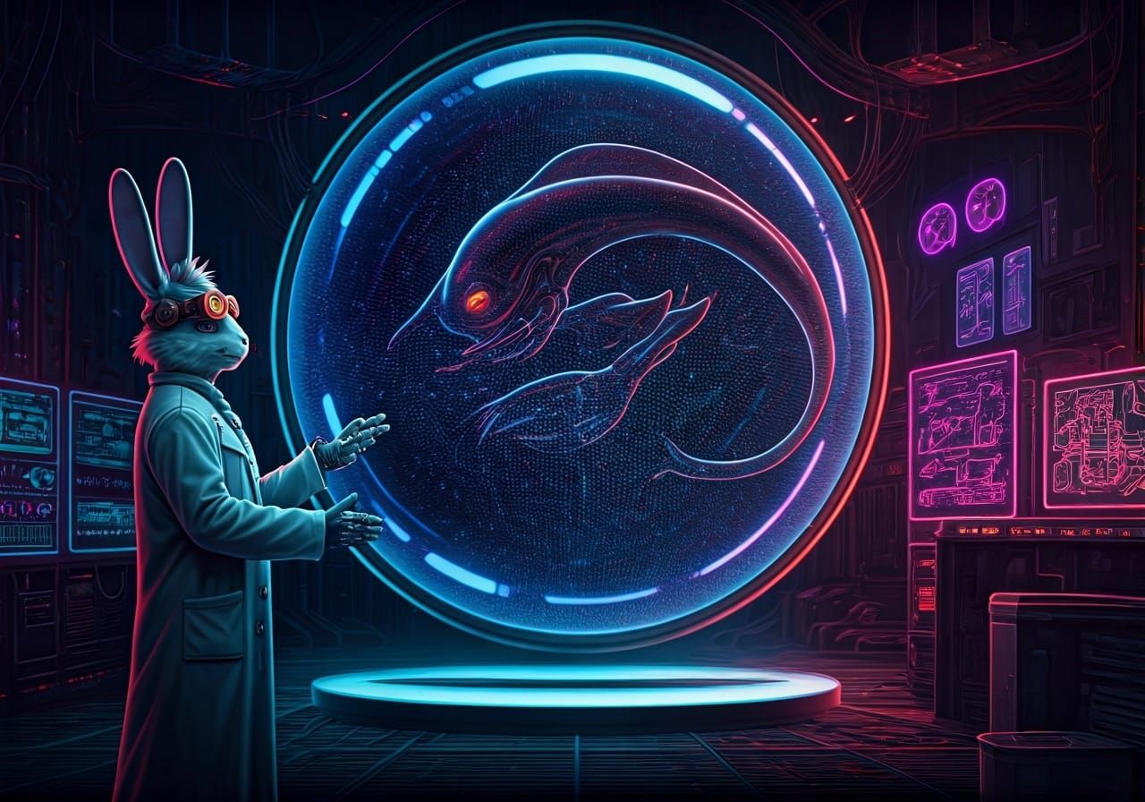 Cybernetic Rabbit Scientist in Futuristic Lab