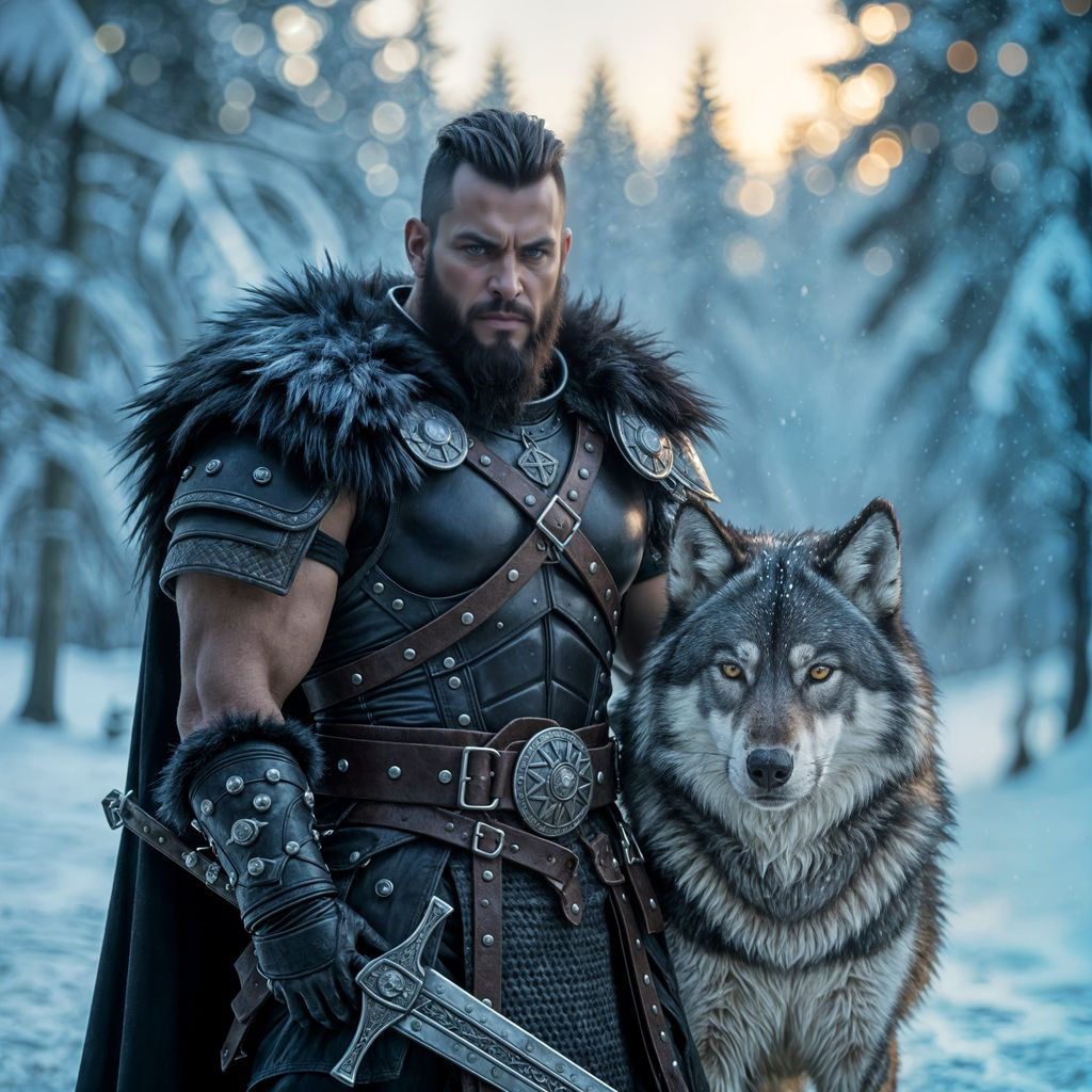Barbarian Warchief with Wolf in Snowy Forest