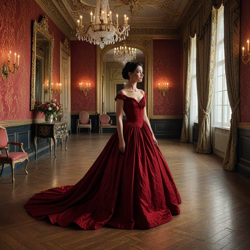 Elegant Woman in 1830s Gown in Candlelit Ballroom