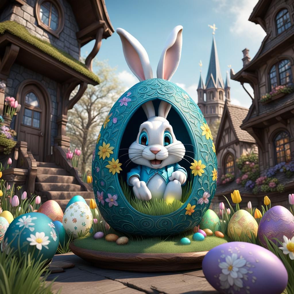 Cracked Easter Egg with Cartoon Bunny