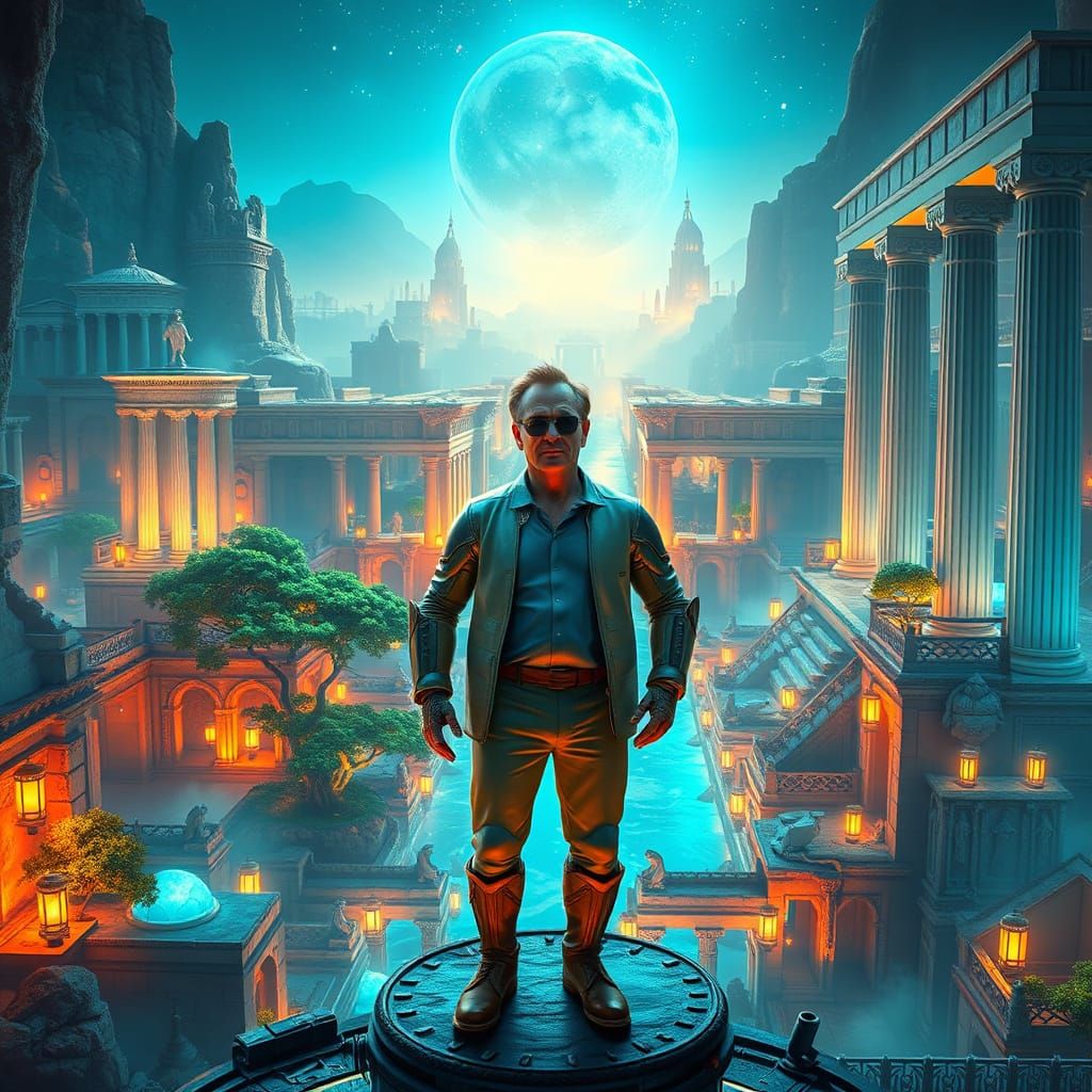 Bill Murray in Futuristic Greek Cityscape with Celestial Arm...