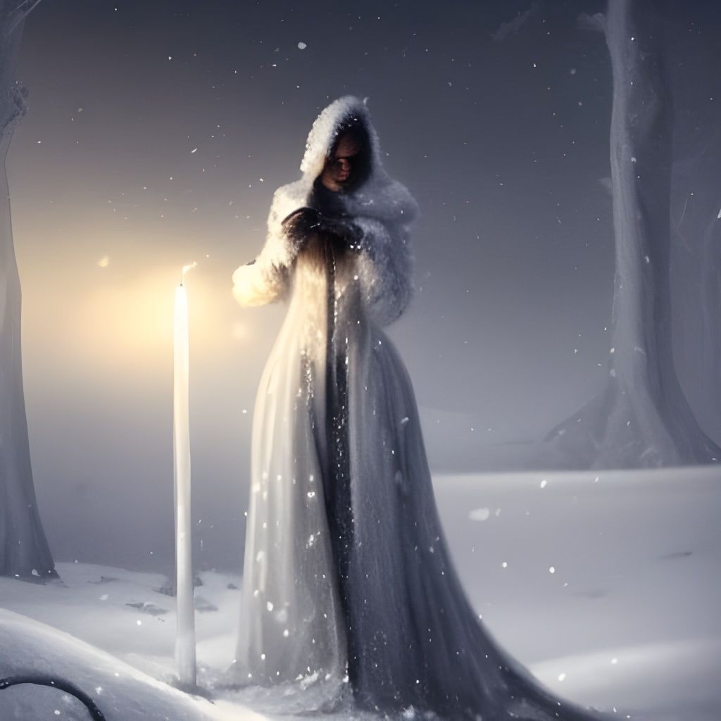 Snowy Night Landscape with Woman in Dark Fantasy Style