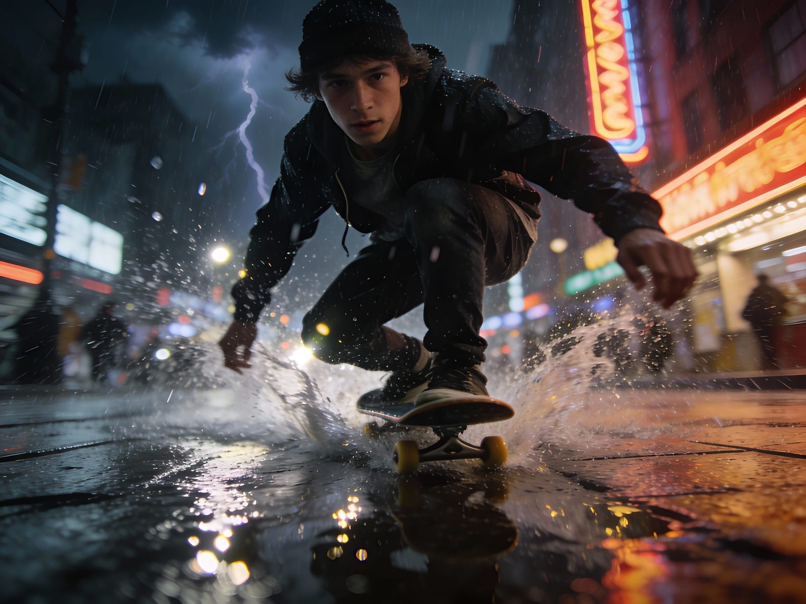 Skateboarder Dashes Through City Puddle in Thunderstorm