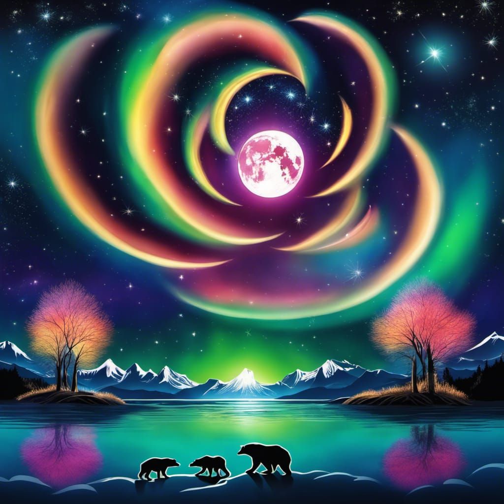 Polar Bear and Aurora Rose Under Moon