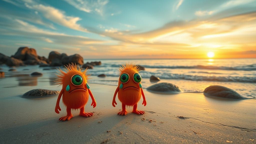 Melancholic Beach Monsters with Green Eyes at Sunset