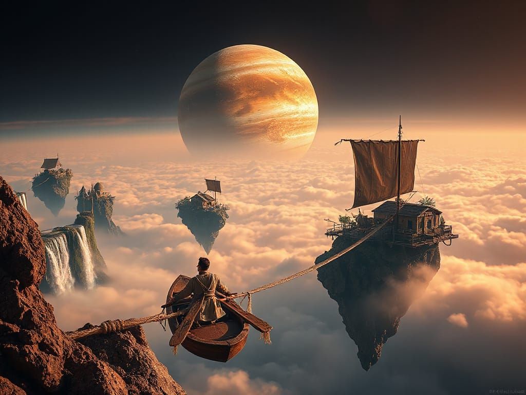 Man paddles flying boat towards floating island town over Ju...