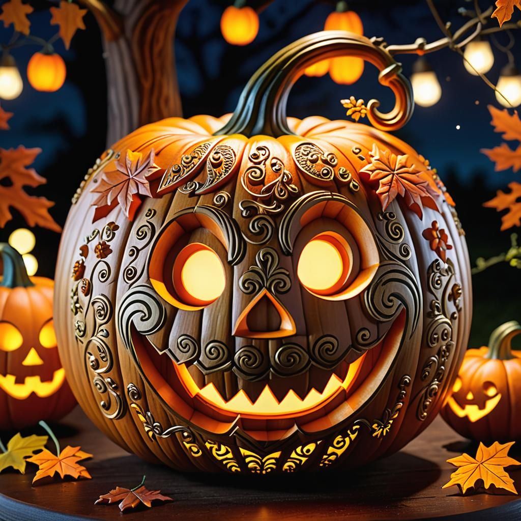 Charming Carved Wooden Pumpkin with Warm Autumn Glow