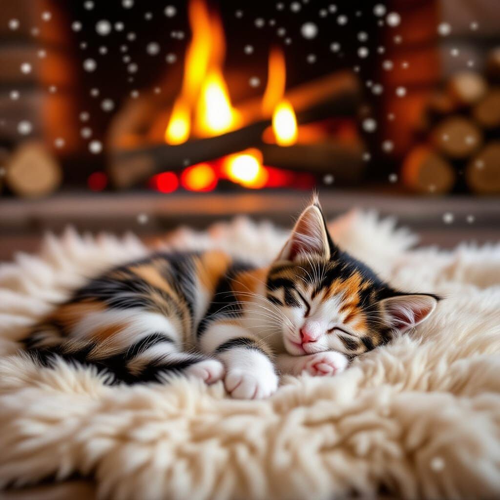 Baby Calico Kitten Sleeps by Warm Fireplace with Snow Outsid...