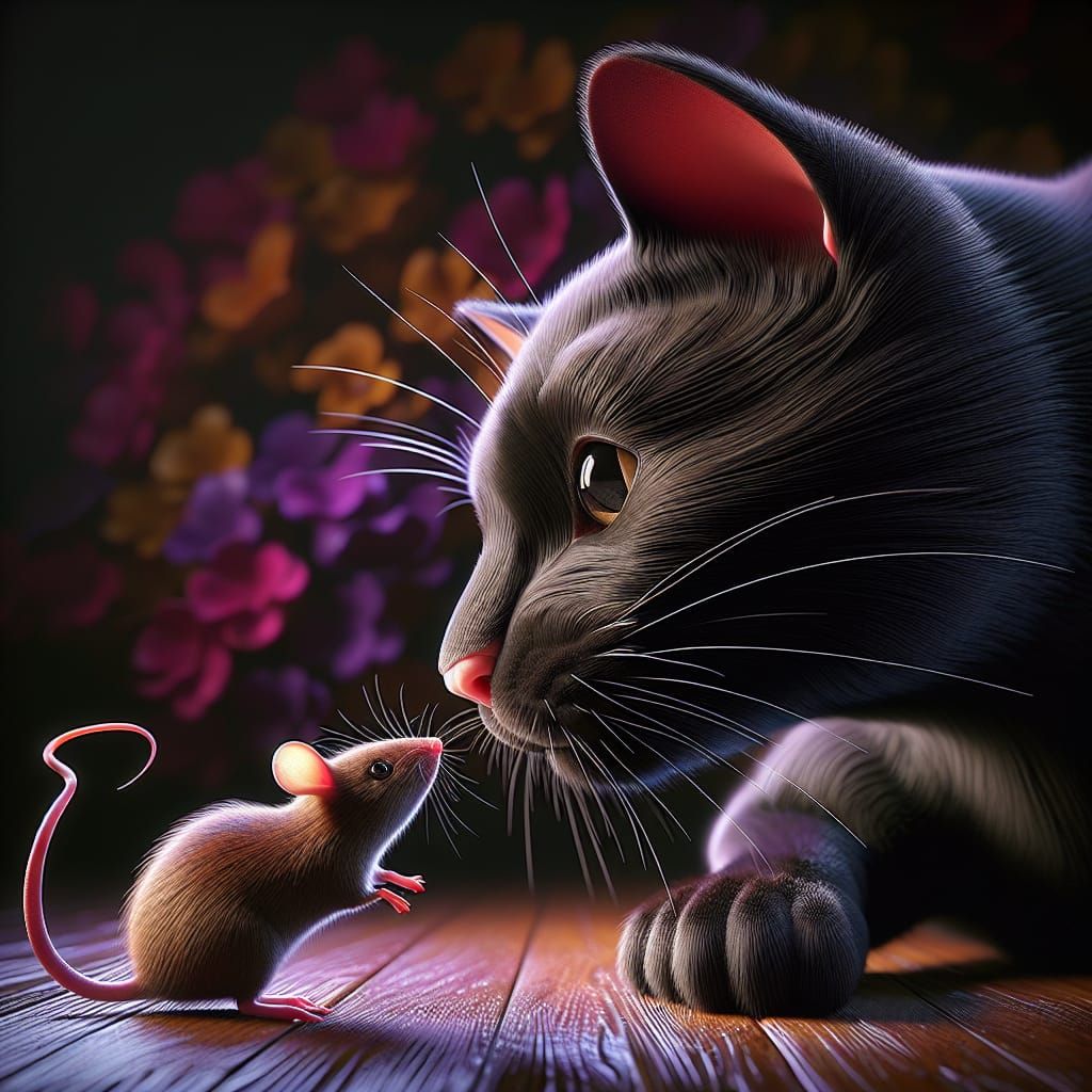 Beautiful black cat playing with a cute mouse