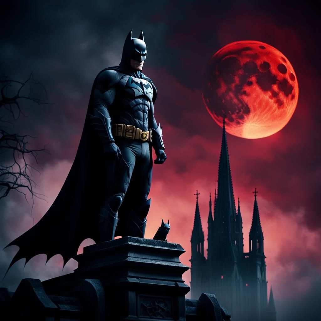 Batman in Gothic Setting with Blood-Red Moon