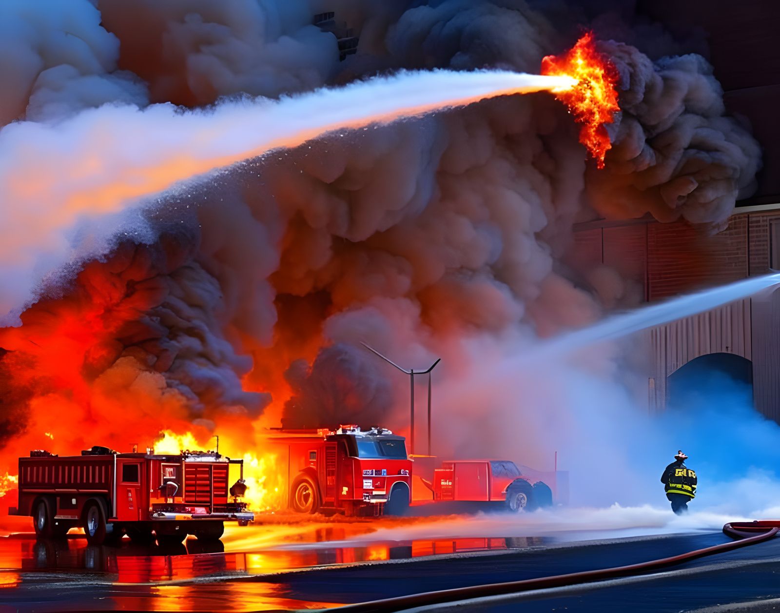 Firefighters Extinguishing Warehouse Fire with Water Cannon