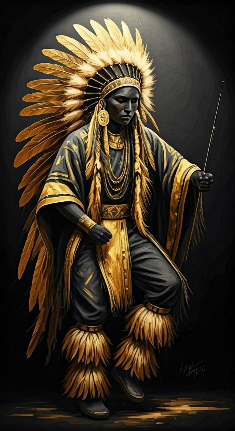 Native American Dancer in Gold Regalia, Grunge Style