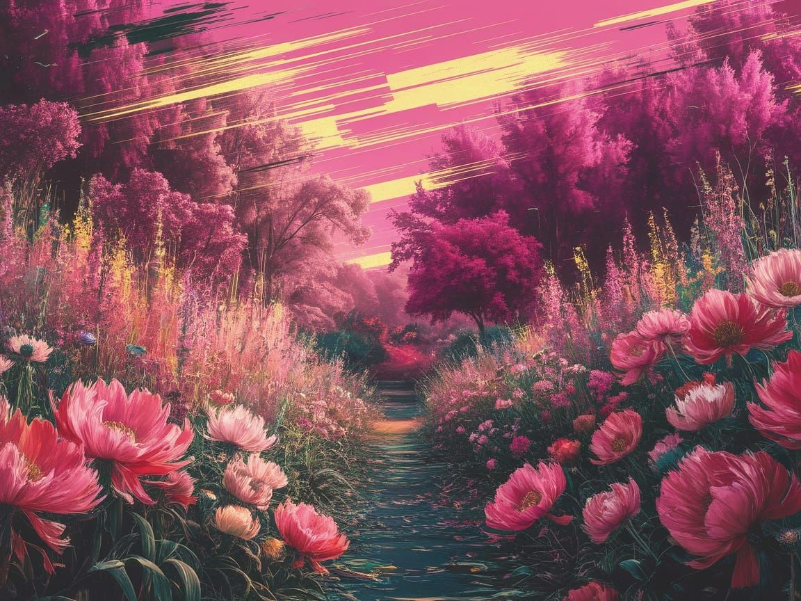 Vibrant Botanical Garden Scene in Dreamy Glitch Art Style
