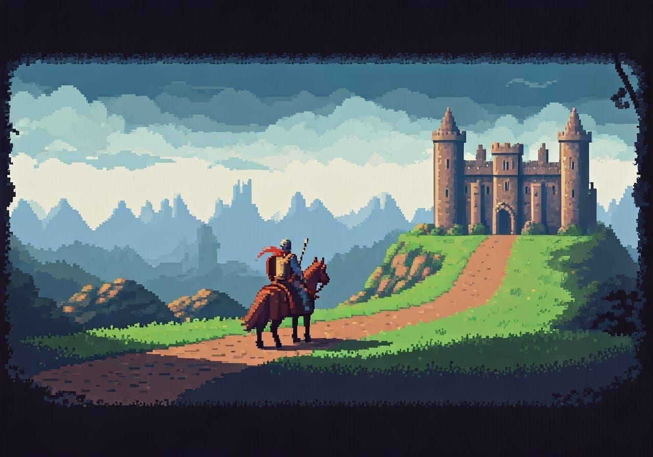 16-bit Knight Approaching Castle in Pixel Art