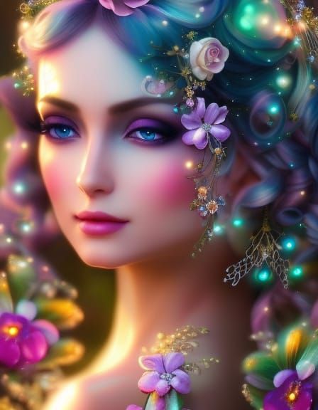 Moonlit Fairy Growing Sparkling Roses in Aquarelle