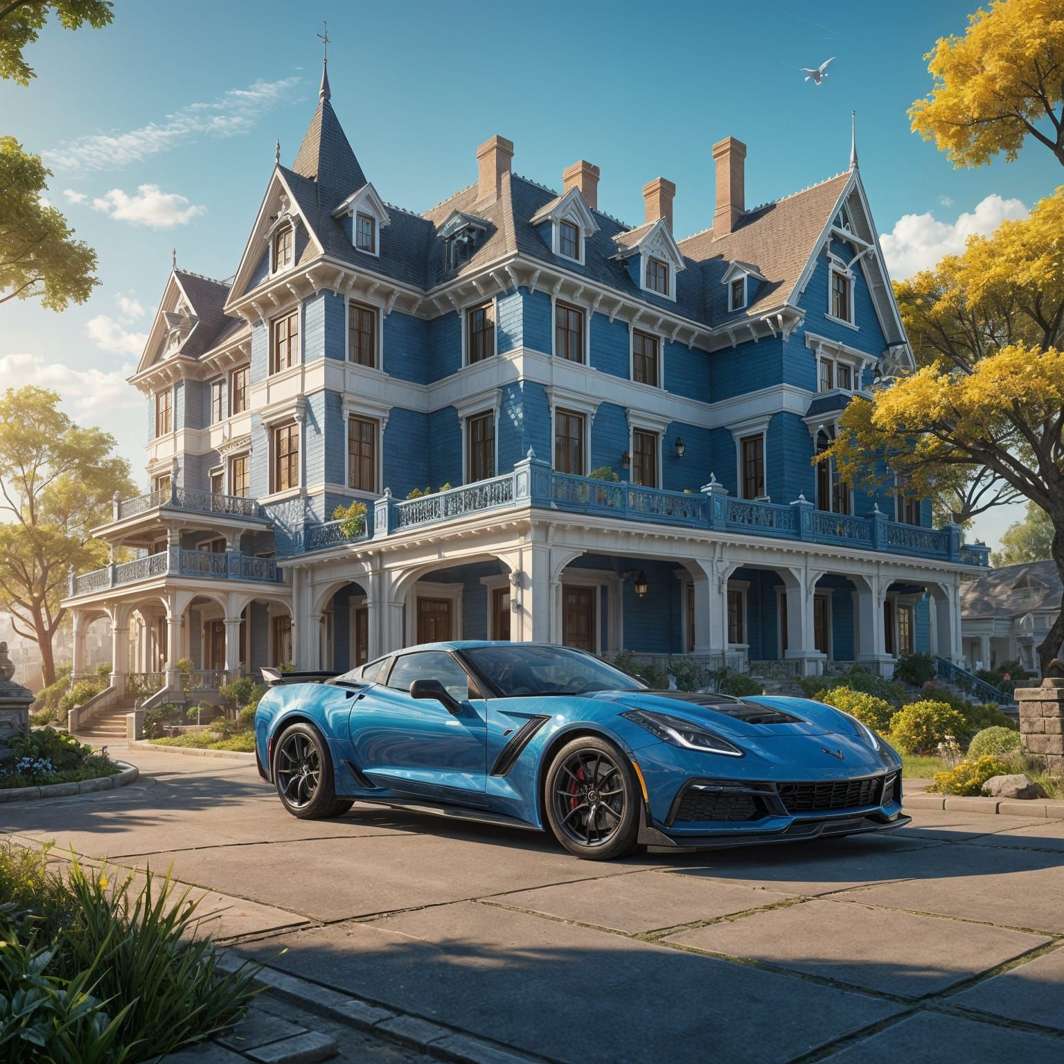Luxurious Corvette in Front of a Fantastical Mansion