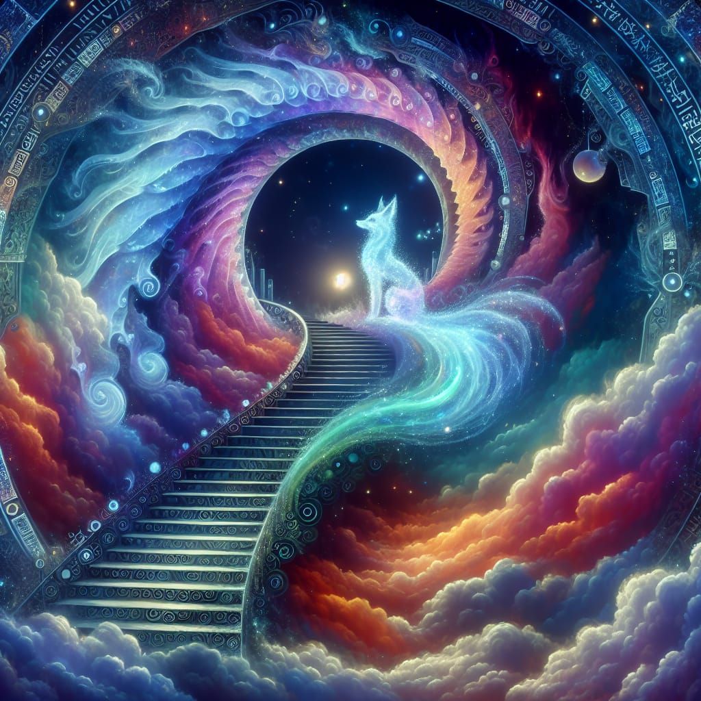 Mystical Fox Ascends Spiral Staircase to Sky Portal