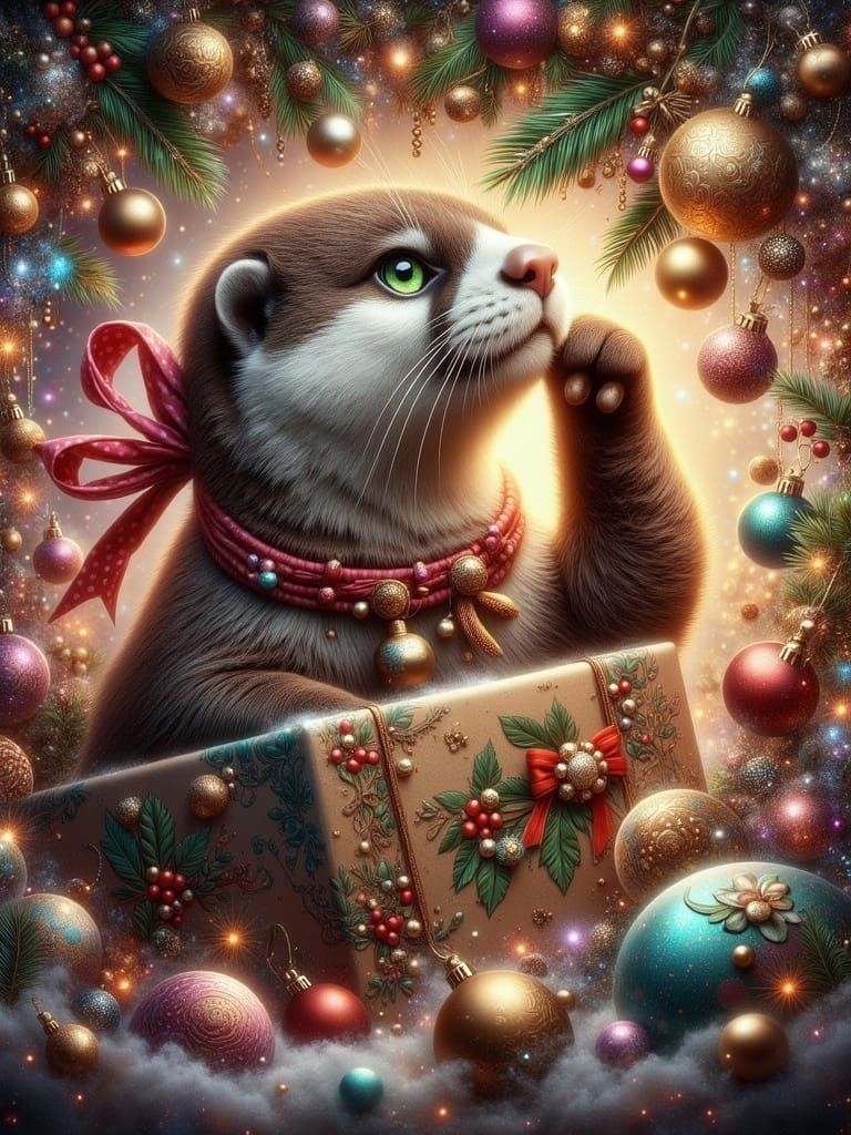 Sweet, Curious Otter in Christmas Gift Box amidst Sparkling...