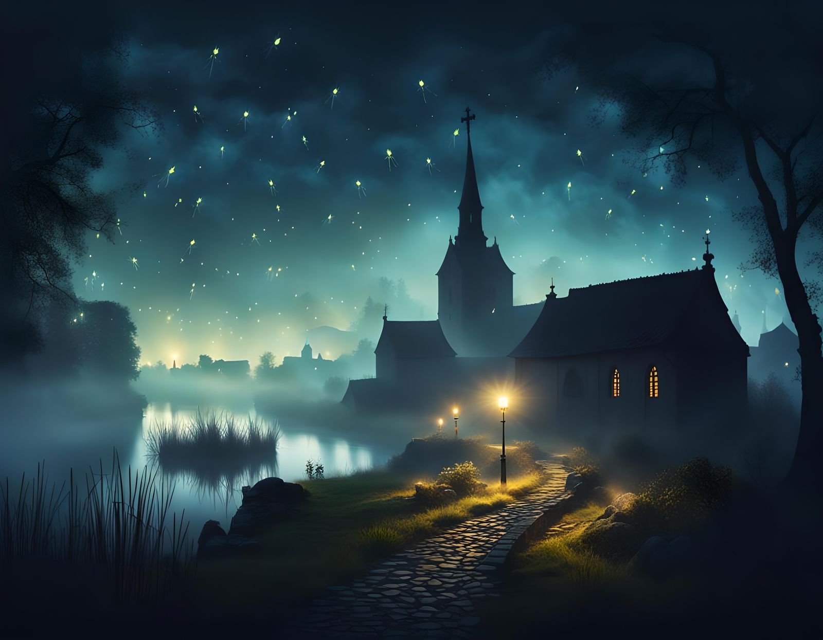 Mysterious Foggy Medieval Village at Night