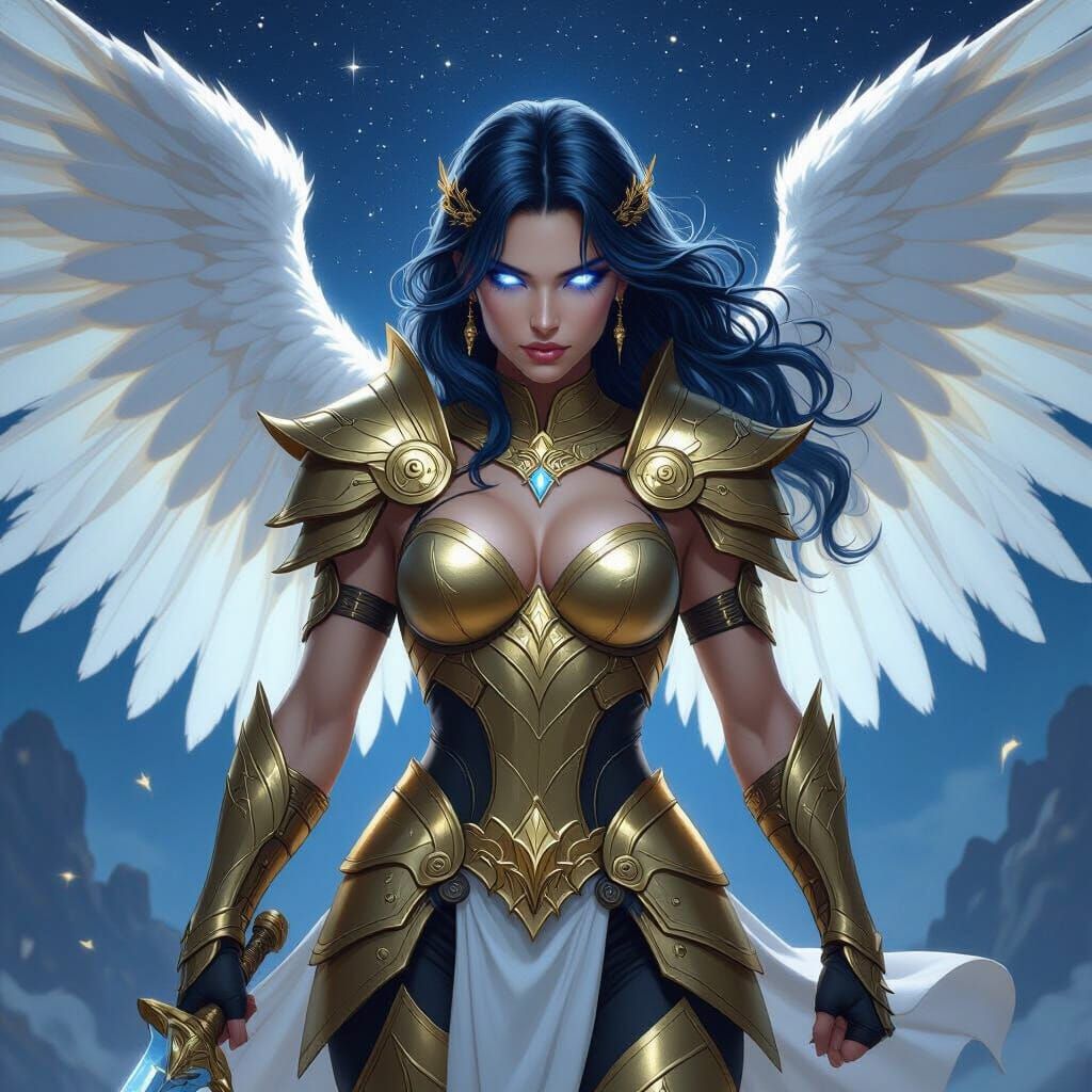 Aasimar Warrior with White Wings in Gold Armor