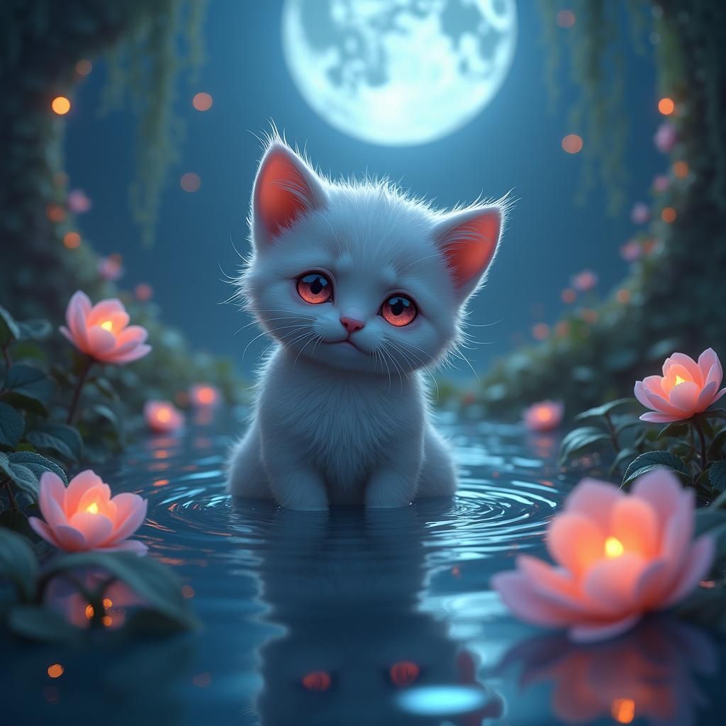 Sad Cat in Moonlit Garden: Matte Painting
